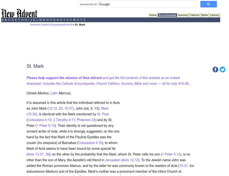 Catholic Encyclopedia: St. Mark Handout