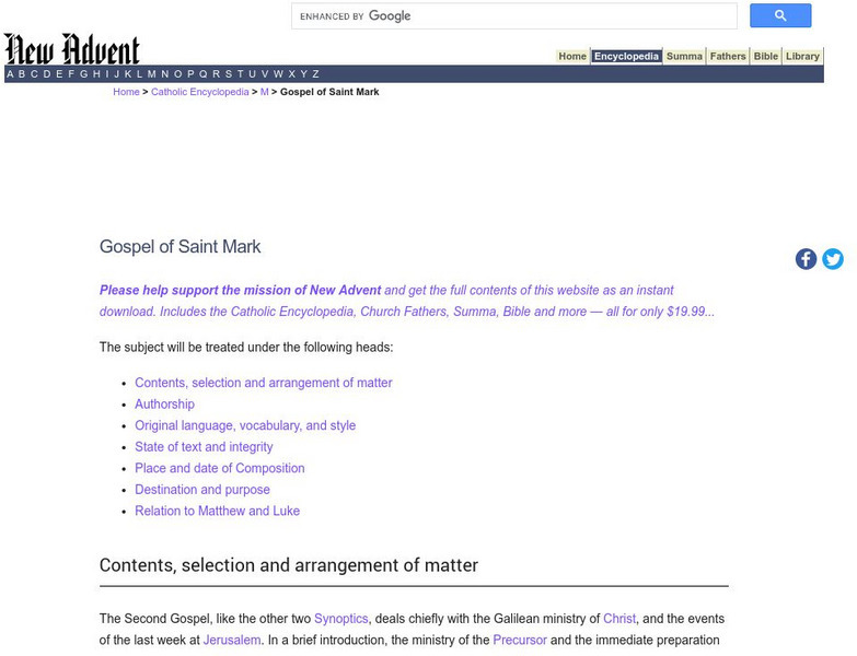 Catholic Encyclopedia: Gospel of Mark Handout Catholic Encyclopedia: Gospel of Mark Handout