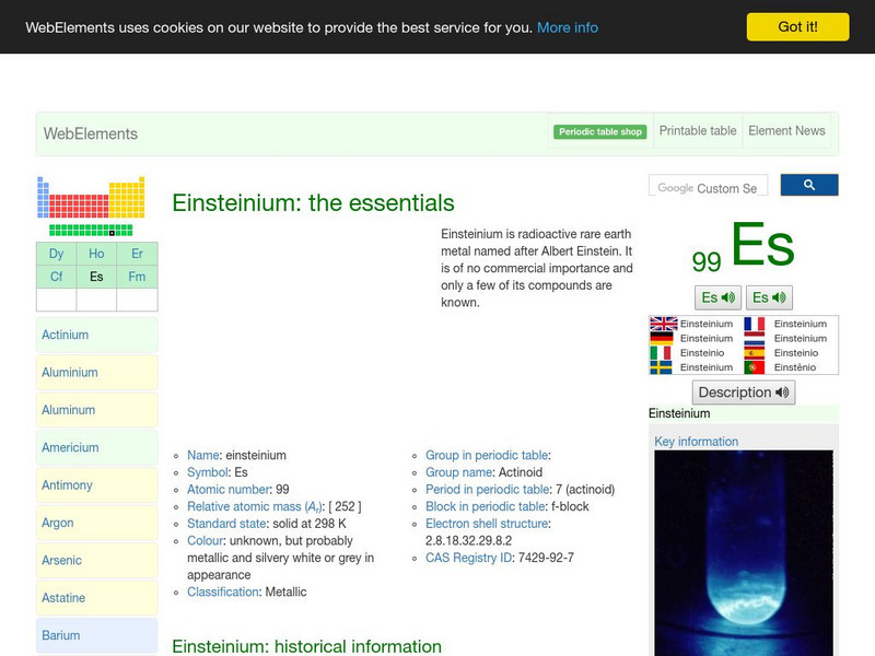 Web Elements Periodic Table: Einsteinium Handout Web Elements Periodic Table: Einsteinium Handout