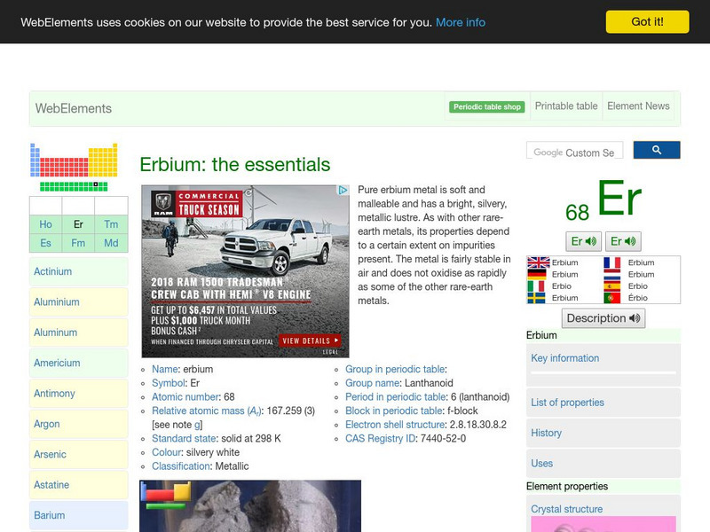 Web Elements Periodic Table: Erbium Handout Web Elements Periodic Table: Erbium Handout