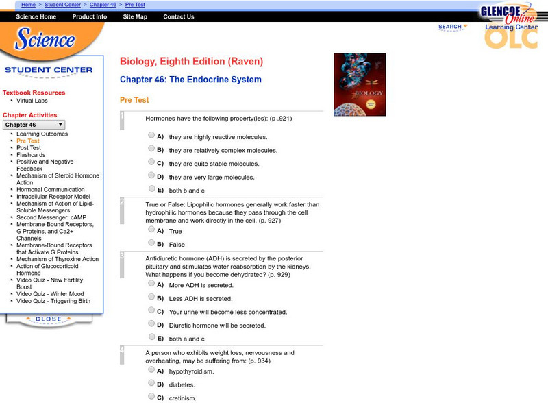 Glencoe: Biology: The Endocrine System Pretest Unknown Type Glencoe: Biology: The Endocrine System Pretest Unknown Type