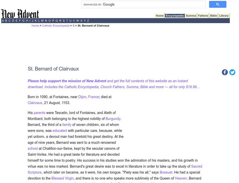 Catholic Encyclopedia: St. Bernard of Clairvaux Handout