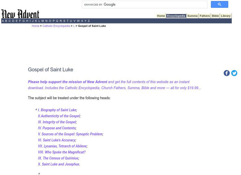 Catholic Encyclopedia: Gospel of St. Luke Handout