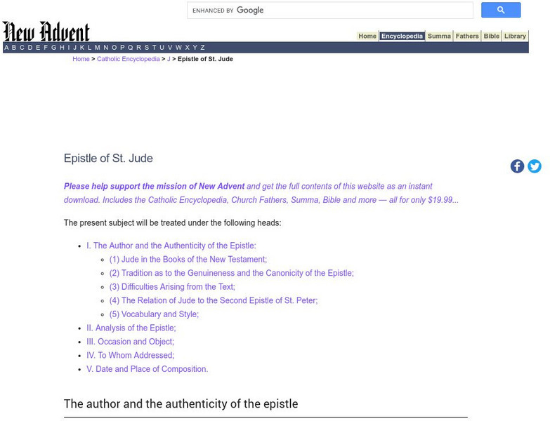 Catholic Encyclopedia: Epistle of Saint Jude Handout Catholic Encyclopedia: Epistle of Saint Jude Handout