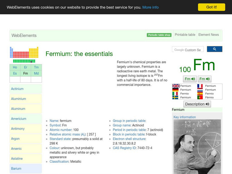 Web Elements Periodic Table: Fermium Handout