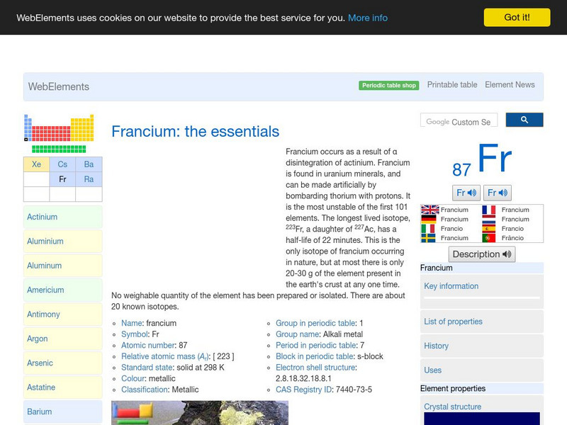 Web Elements Periodic Table: Francium Handout Web Elements Periodic Table: Francium Handout