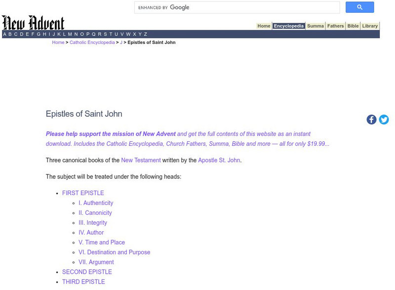 Catholic Encyclopedia: Epistles of St. John Handout Catholic Encyclopedia: Epistles of St. John Handout