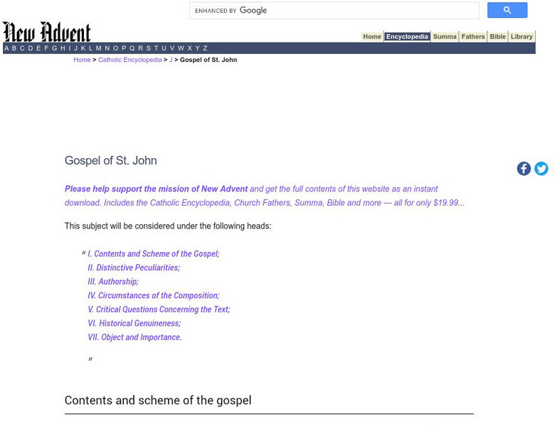 Catholic Encyclopedia: Gospel of St. John Handout Catholic Encyclopedia: Gospel of St. John Handout