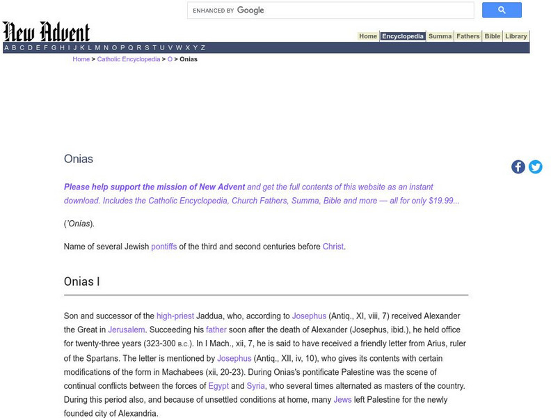 Catholic Encyclopedia: Onias Handout