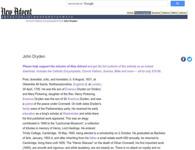 Catholic Encyclopedia: John Dryden Handout Catholic Encyclopedia: John Dryden Handout