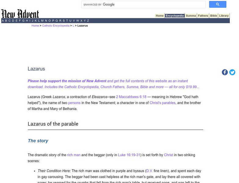 Catholic Encyclopedia: Lazarus Handout