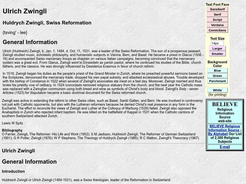 Believe: Ulrich Zwingli Handout Believe: Ulrich Zwingli Handout