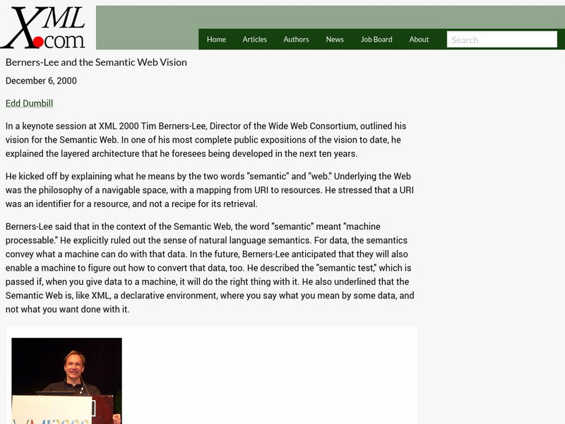 Xml: Berners Lee and the Semantic Web Vision Article Xml: Berners Lee and the Semantic Web Vision Article
