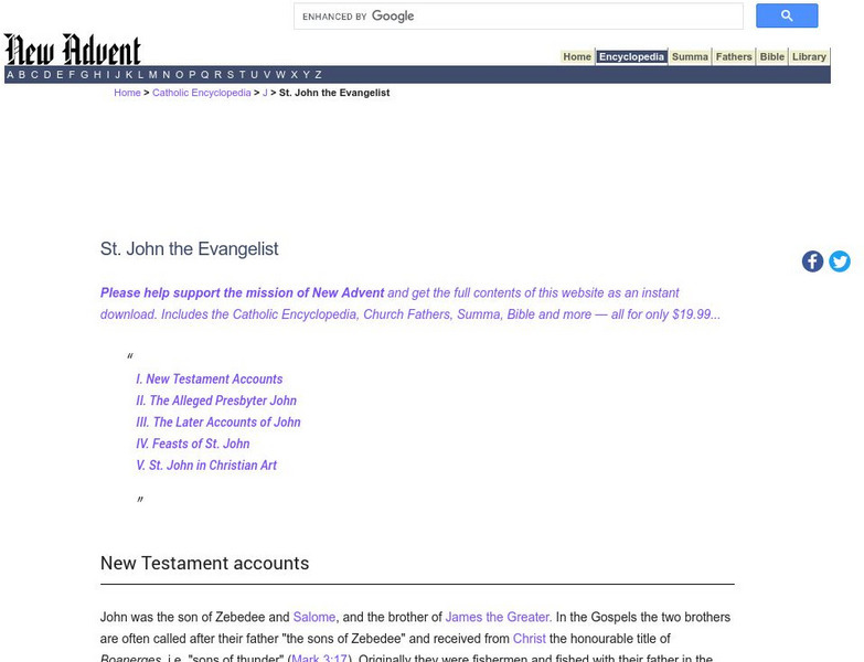 Catholic Encyclopedia: St. John the Evangelist Handout
