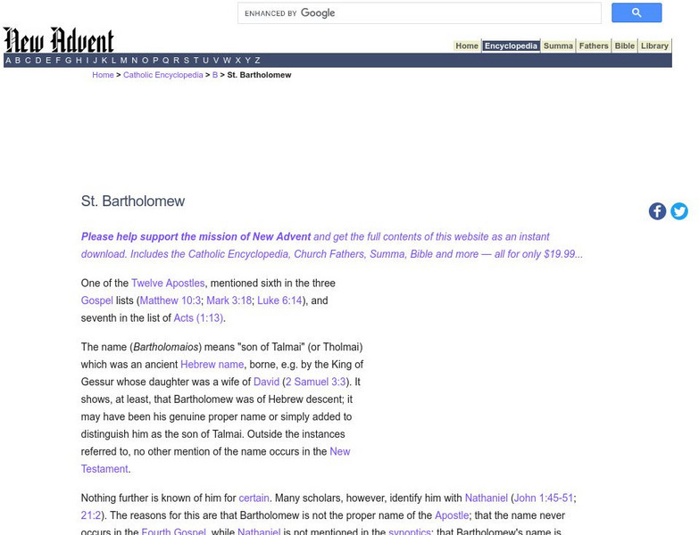 Catholic Encyclopedia: St. Bartholomew Handout Catholic Encyclopedia: St. Bartholomew Handout