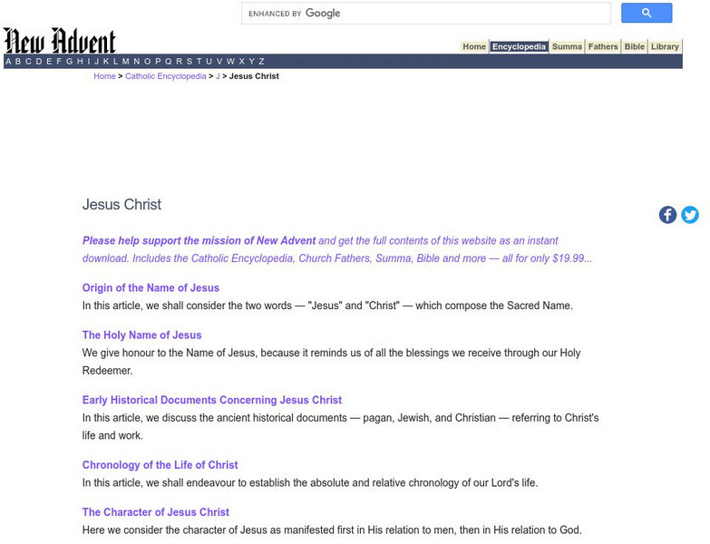 Catholic Encyclopedia: Jesus Christ Handout