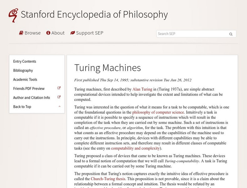 Stanford Encyclopedia of Philosophy: Turing Machine Handout Stanford Encyclopedia of Philosophy: Turing Machine Handout