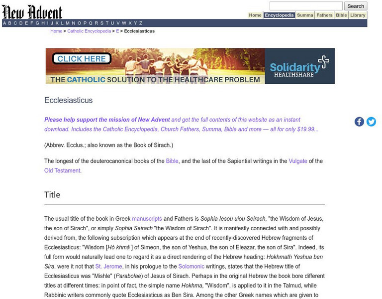 Catholic Encyclopedia: Ecclesiasticus Handout Catholic Encyclopedia: Ecclesiasticus Handout