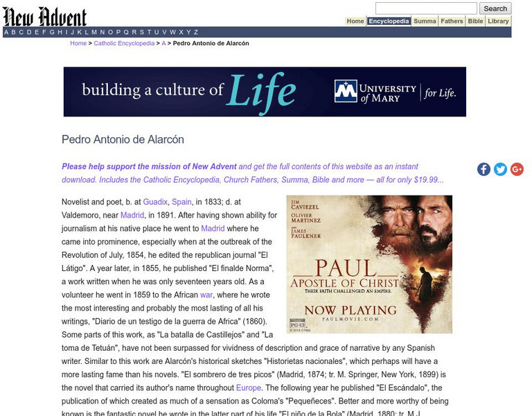 Catholic Encyclopedia: Alarcon, Pedro Antonio De Handout