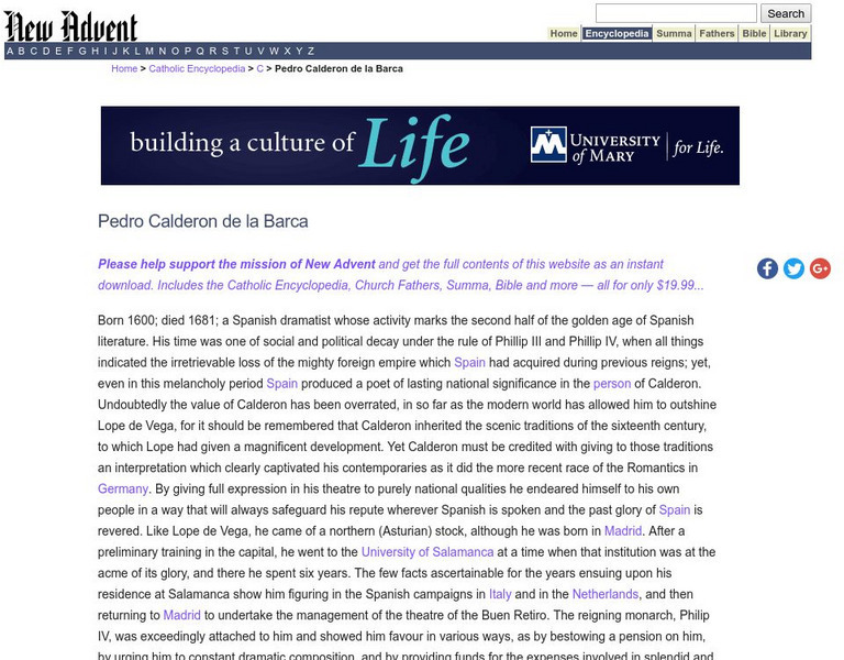 Catholic Encyclopedia: Pedro Calderon De La Barca Handout Catholic Encyclopedia: Pedro Calderon De La Barca Handout