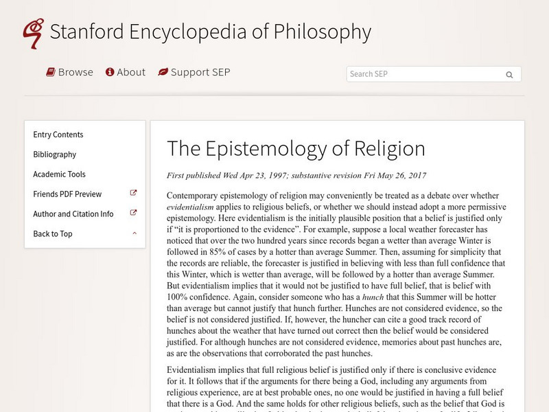 Stanford Encycl. Of Philosophy: Epistemology of Religion Handout Stanford Encycl. Of Philosophy: Epistemology of Religion Handout