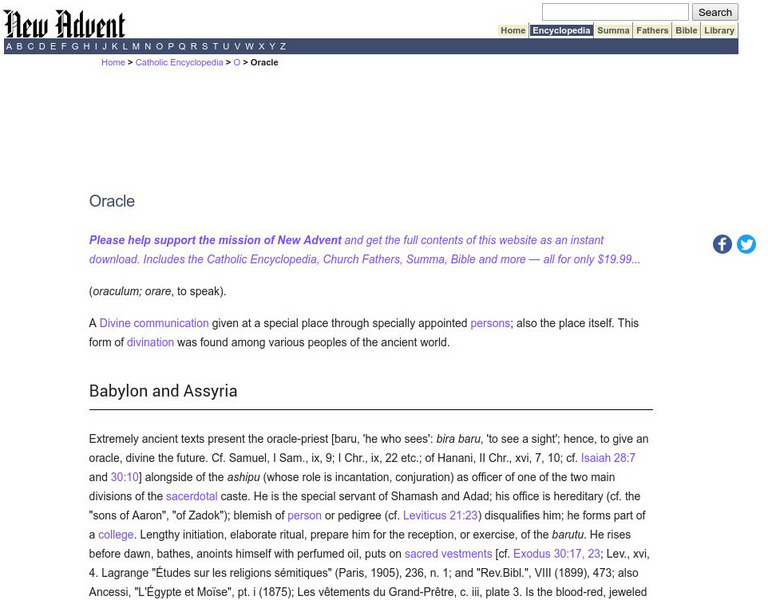 Catholic Encyclopedia: Oracles Handout Catholic Encyclopedia: Oracles Handout