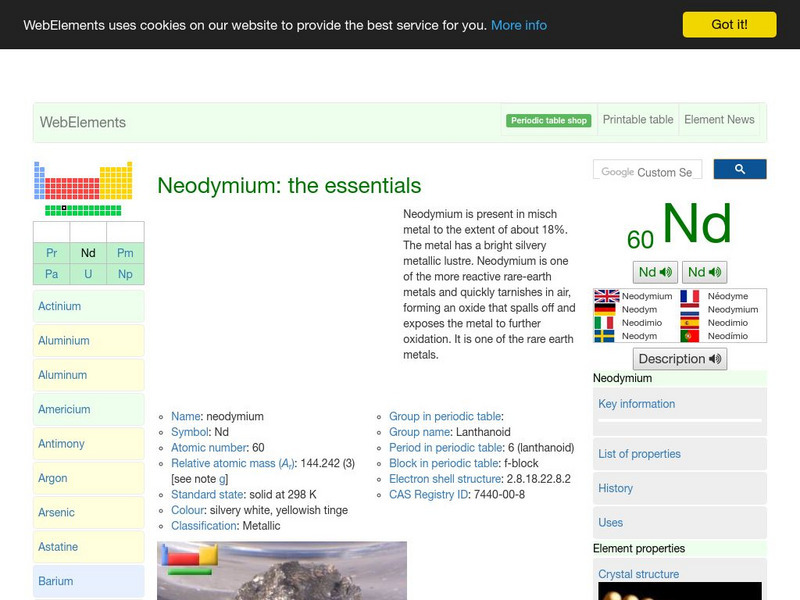 Web Elements Periodic Table: Neodymium Handout