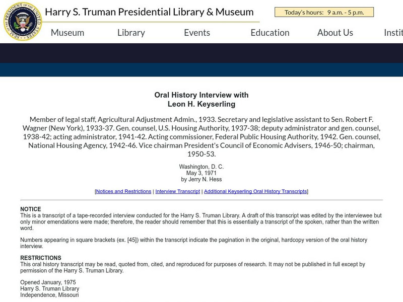 Truman Library: Oral History Interview With Leon H. Keyserling Website Truman Library: Oral History Interview With Leon H. Keyserling Website