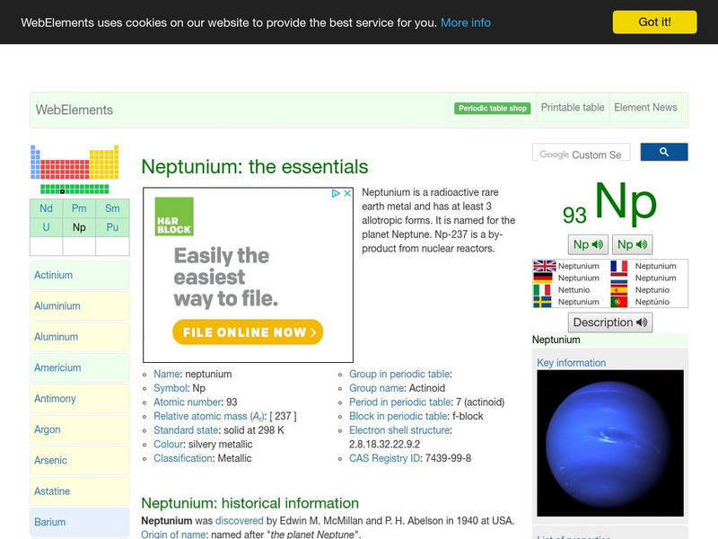 Web Elements Periodic Table: Neptunium Handout Web Elements Periodic Table: Neptunium Handout