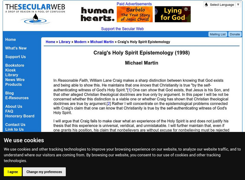 Secular Web: William Lane Craig's Holy Spirit Epistemology Website