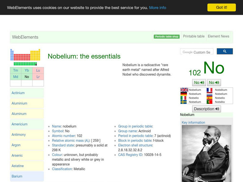 Web Elements Periodic Table: Nobelium Handout Web Elements Periodic Table: Nobelium Handout