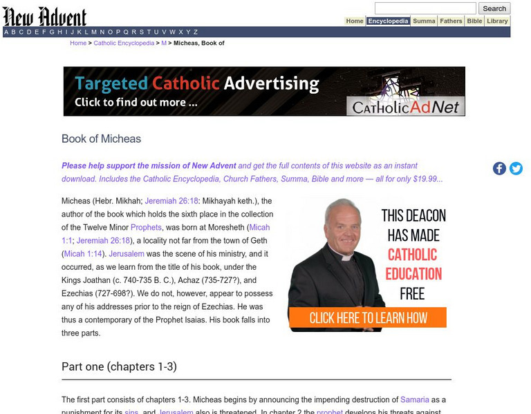 Catholic Encyclopedia: Book of Micheas (Micah) Handout Catholic Encyclopedia: Book of Micheas (Micah) Handout