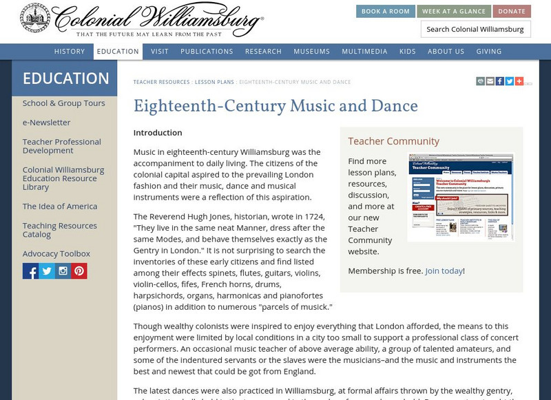 Colonial Williamsburg: Eighteenth Century Music and Dance Lesson Plan Colonial Williamsburg: Eighteenth Century Music and Dance Lesson Plan