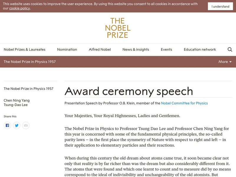 The Nobel Prize: The Nobel Prize in Physics 1957 Presentation Speech: Yang Primary The Nobel Prize: The Nobel Prize in Physics 1957 Presentation Speech: Yang Primary