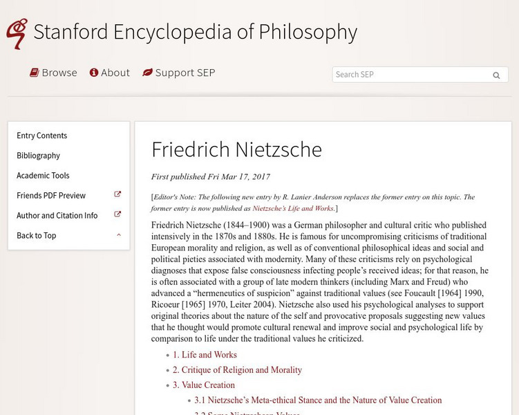Stanford Encyclopedia of Philosophy: Friedrich Nietzsche Handout Stanford Encyclopedia of Philosophy: Friedrich Nietzsche Handout