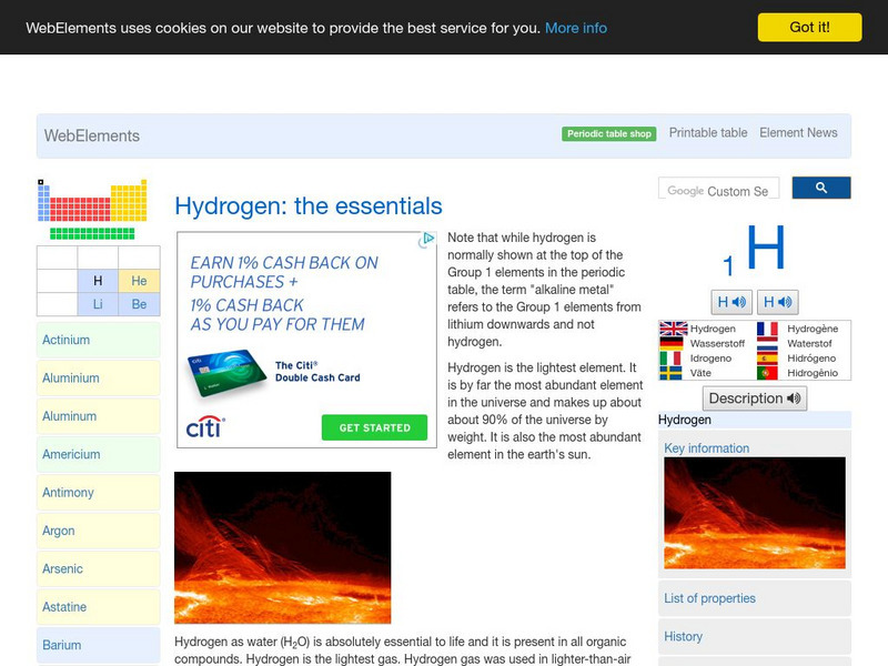Web Elements Periodic Table: Hydrogen Handout