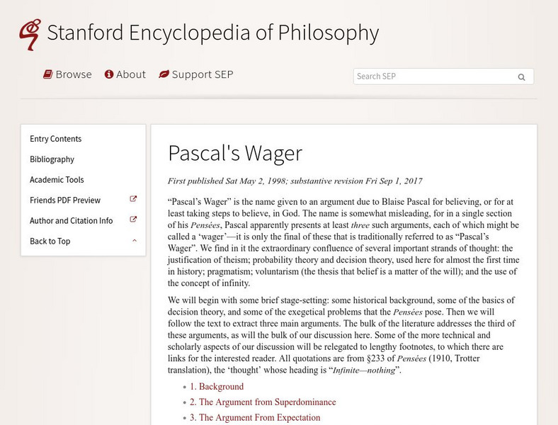 Stanford Encyclopedia of Philosophy: Pascal's Wager Handout Stanford Encyclopedia of Philosophy: Pascal's Wager Handout