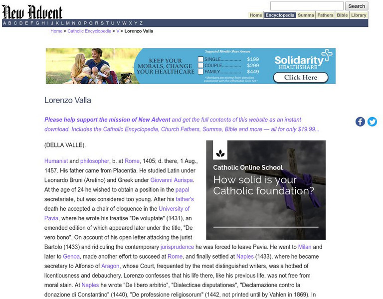 Catholic Encyclopedia: Lorenzo Valla Handout Catholic Encyclopedia: Lorenzo Valla Handout