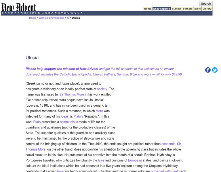 Catholic Encyclopedia: Utopia Handout Catholic Encyclopedia: Utopia Handout