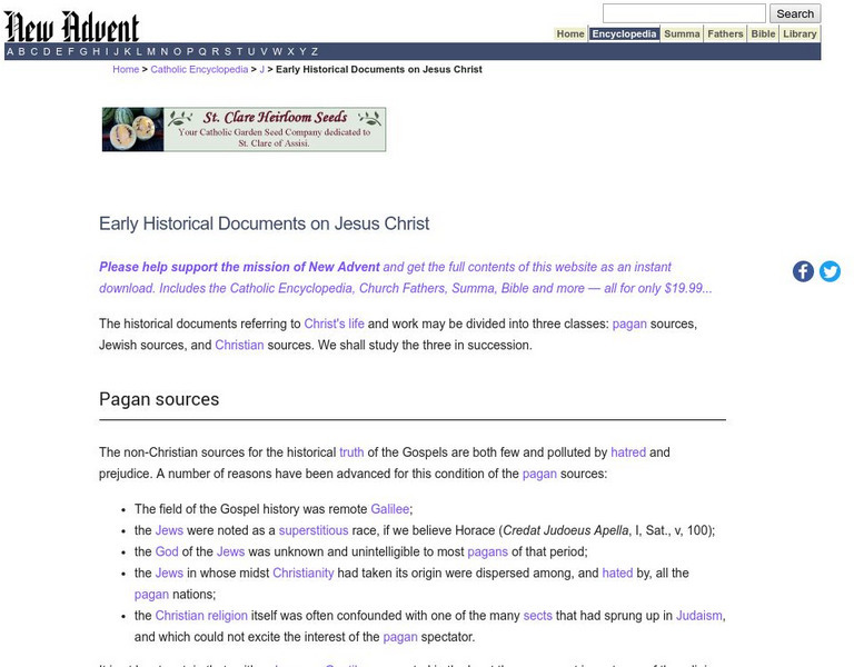Catholic Encyclopedia: Early Historical Documents Handout