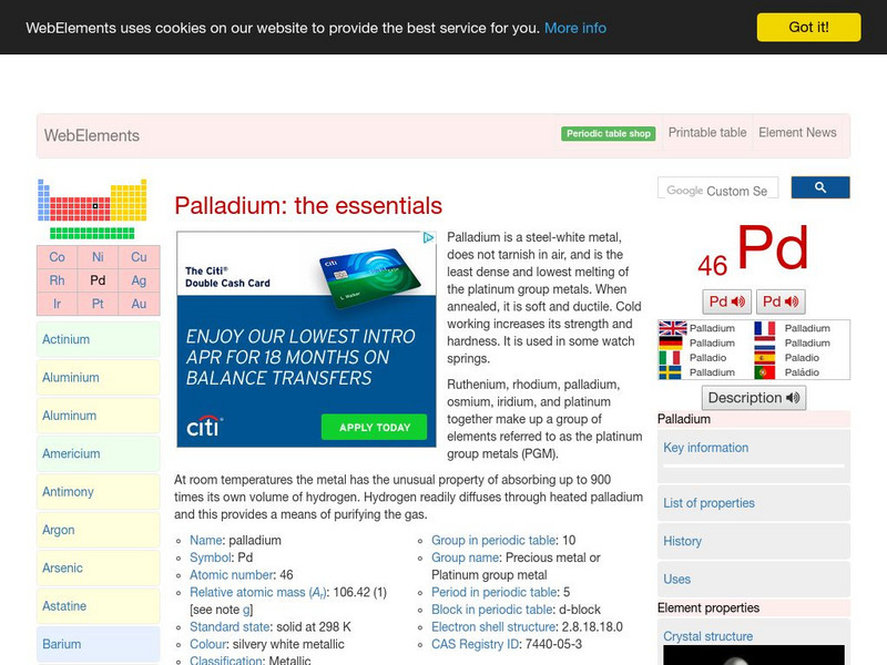 Web Elements Periodic Table: Palladium Handout Web Elements Periodic Table: Palladium Handout
