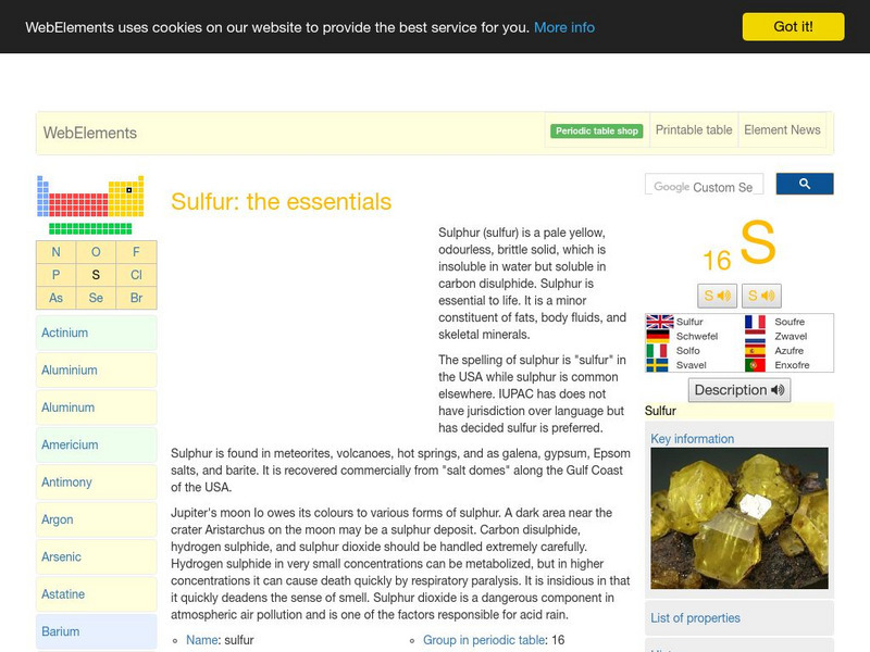 Web Elements Periodic Table: Sulfur Handout