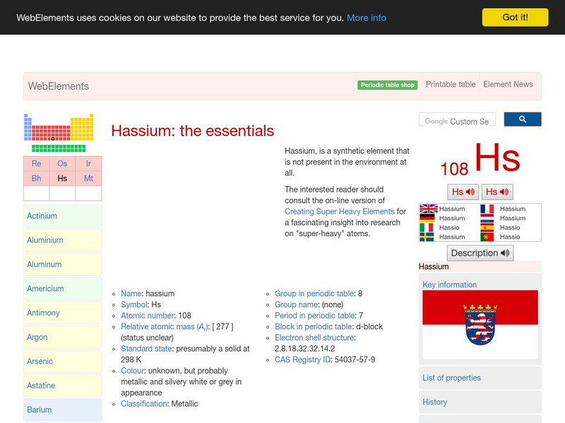 Web Elements Periodic Table: Hassium Handout Web Elements Periodic Table: Hassium Handout