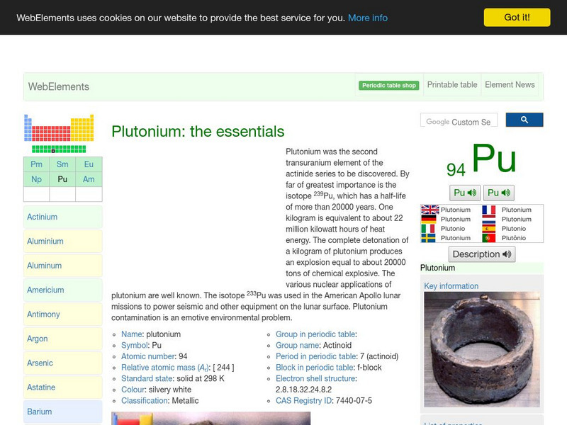 Web Elements Periodic Table: Plutonium Handout Web Elements Periodic Table: Plutonium Handout
