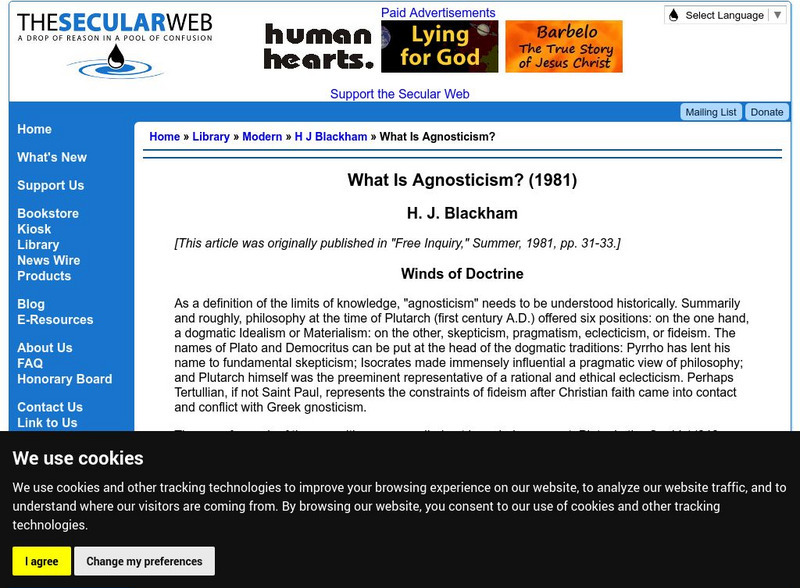 Secular Web: H. J. Blackham: What Is Agnosticism? Website
