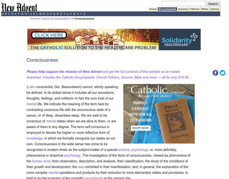 Catholic Encyclopedia: Consciousness Handout Catholic Encyclopedia: Consciousness Handout