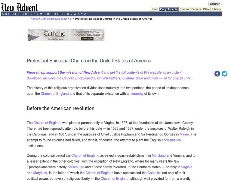 Catholic Encyclopedia: Protestant Episcopal Church in the Usa Handout Catholic Encyclopedia: Protestant Episcopal Church in the Usa Handout