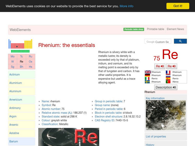 Web Elements Periodic Table: Rhenium Handout