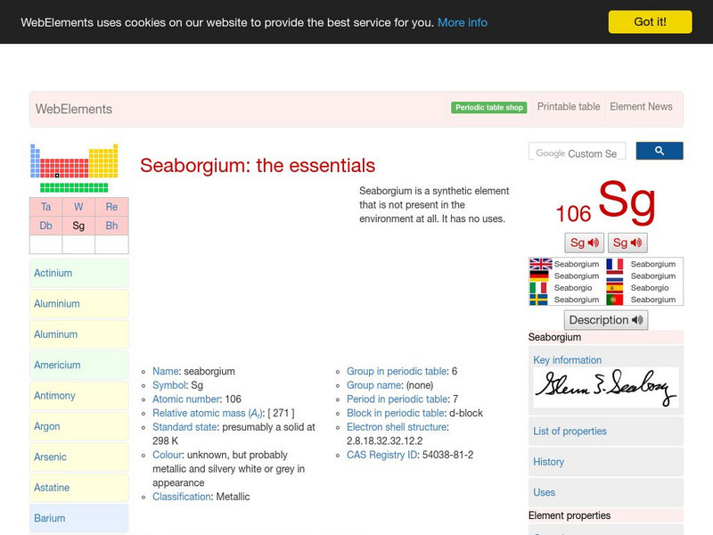 Web Elements Periodic Table: Seaborgium Handout Web Elements Periodic Table: Seaborgium Handout