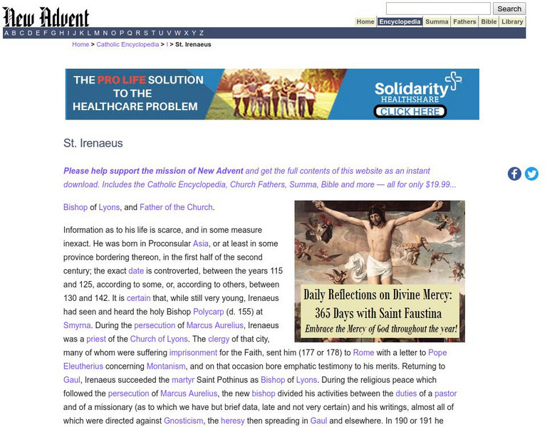 Catholic Encyclopedia: St. Irenaeus Handout